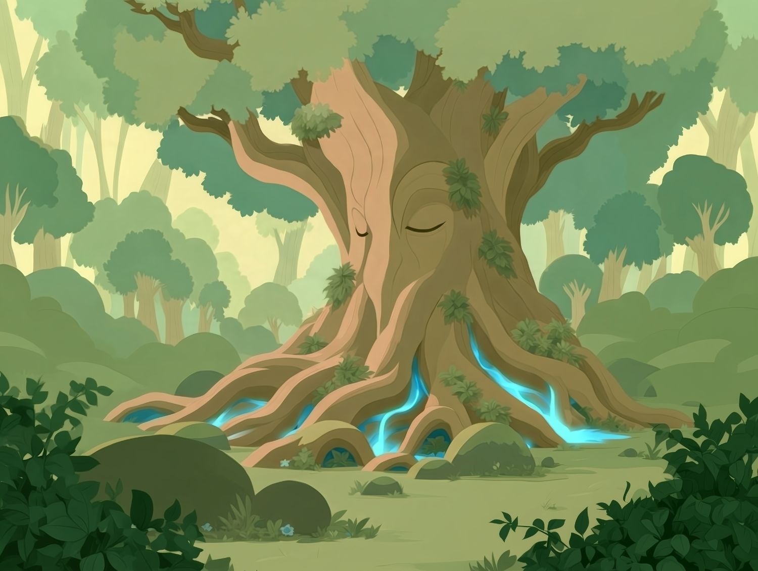 A Grande Árvore de Koppi, com raízes que brilham em azul